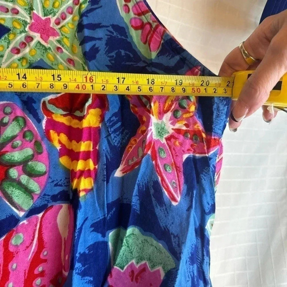 Hi Lites Button Up Rayon  Flowy, Blue Pink Colorful Seashell SummerDress L - Picture 4 of 4